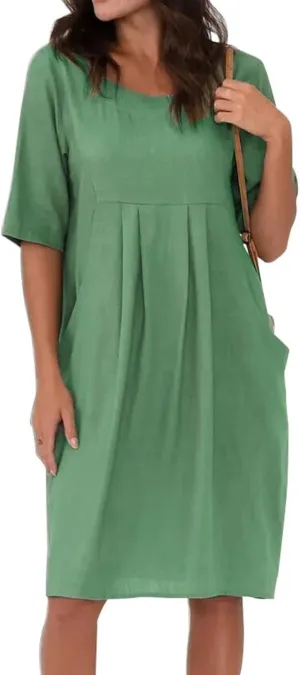 Midi Dresses for Women Summer Short Sleeve Crewneck Loose Fit Midi Dress Plus Size Ruffle Waist Sundress
