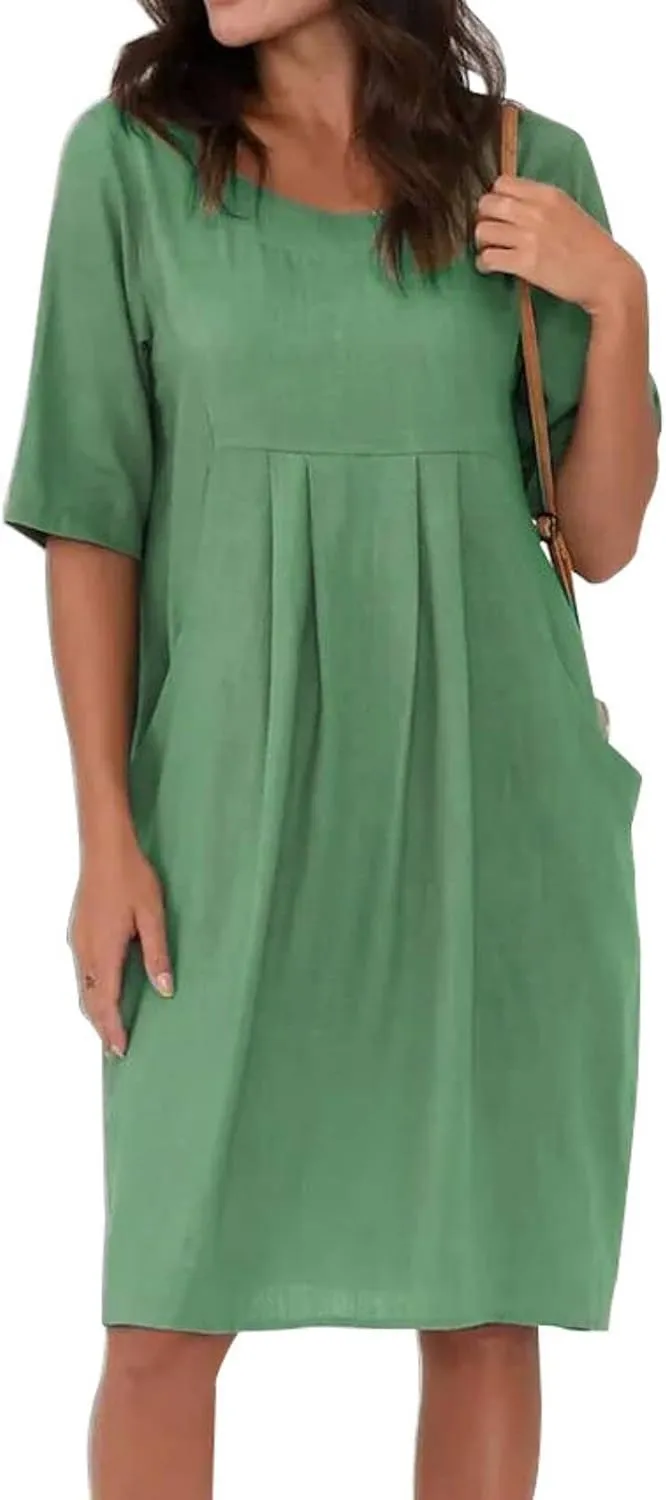 Midi Dresses for Women Summer Short Sleeve Crewneck Loose Fit Midi Dress Plus Size Ruffle Waist Sundress