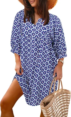 miduo Womens Casual V Neck Summer Half Sleeve Bohemian Floral Mini Tunic Short Dresses
