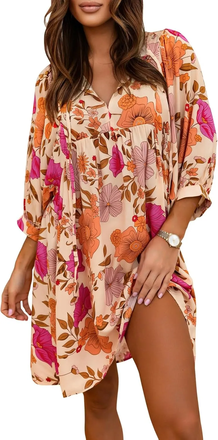 miduo Womens Casual V Neck Summer Half Sleeve Bohemian Floral Mini Tunic Short Dresses