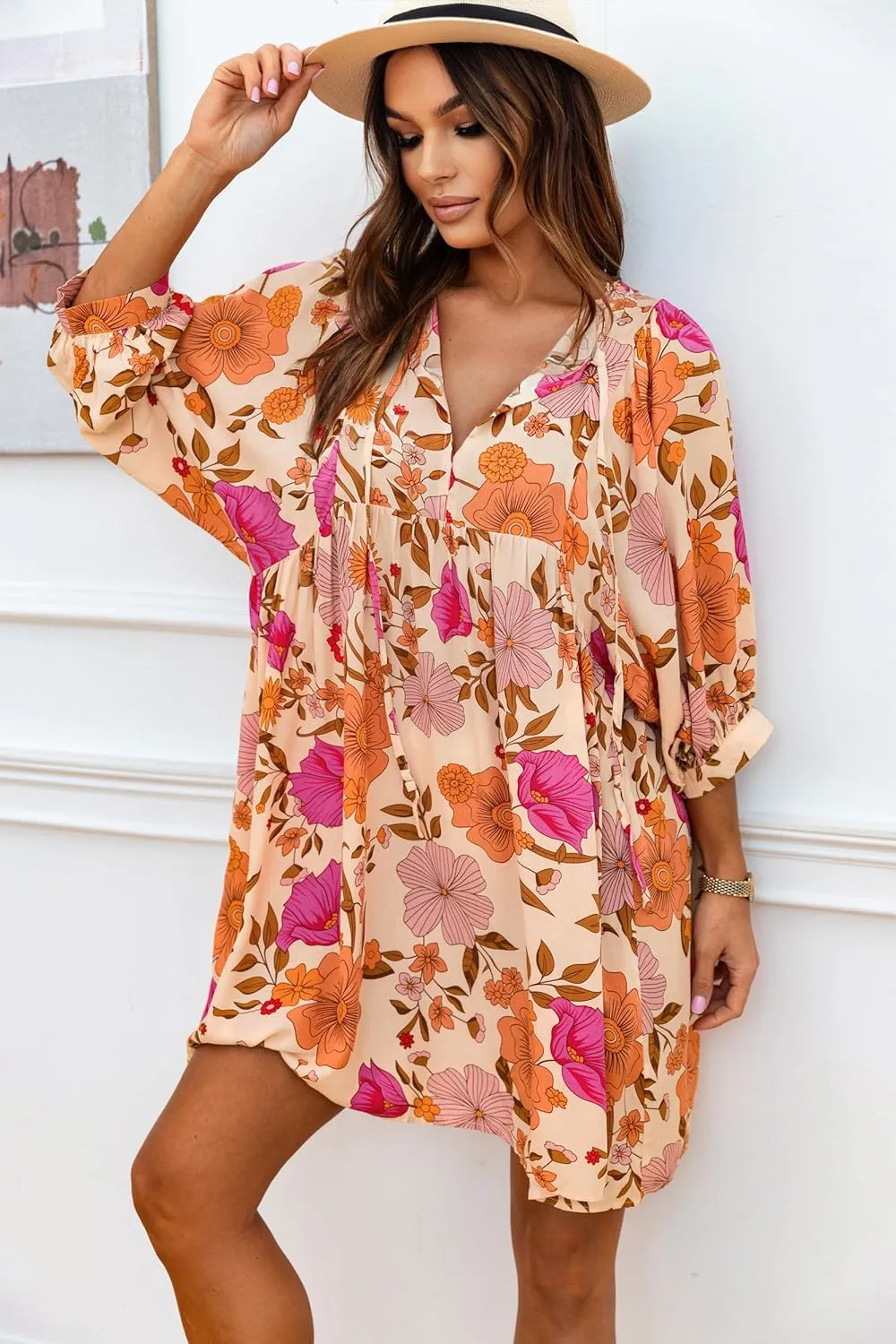 miduo Womens Casual V Neck Summer Half Sleeve Bohemian Floral Mini Tunic Short Dresses
