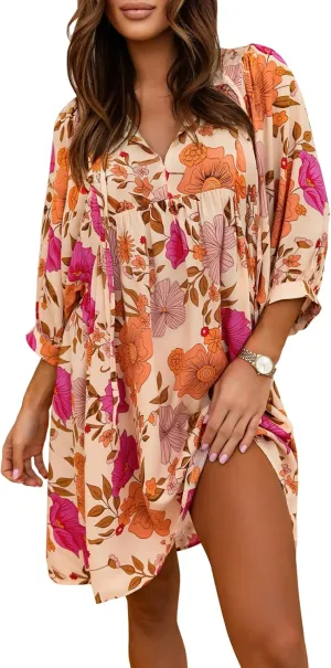 miduo Womens Casual V Neck Summer Half Sleeve Bohemian Floral Mini Tunic Short Dresses