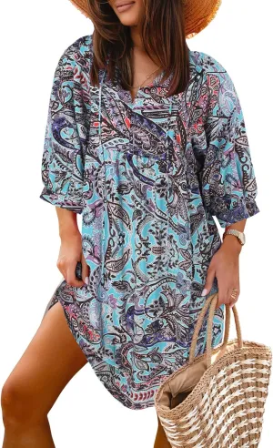 miduo Womens Casual V Neck Summer Half Sleeve Bohemian Floral Mini Tunic Short Dresses