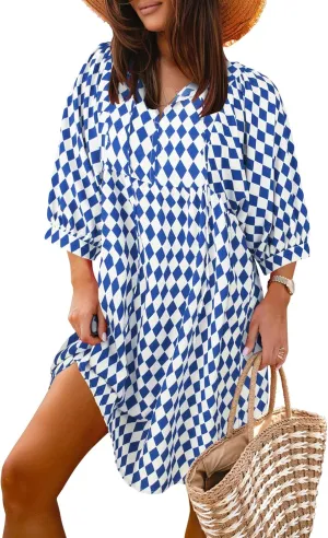 miduo Womens Casual V Neck Summer Half Sleeve Bohemian Floral Mini Tunic Short Dresses
