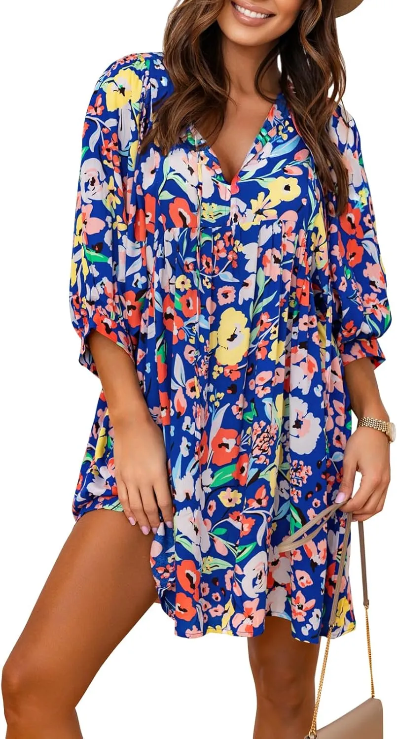 miduo Womens Casual V Neck Summer Half Sleeve Bohemian Floral Mini Tunic Short Dresses