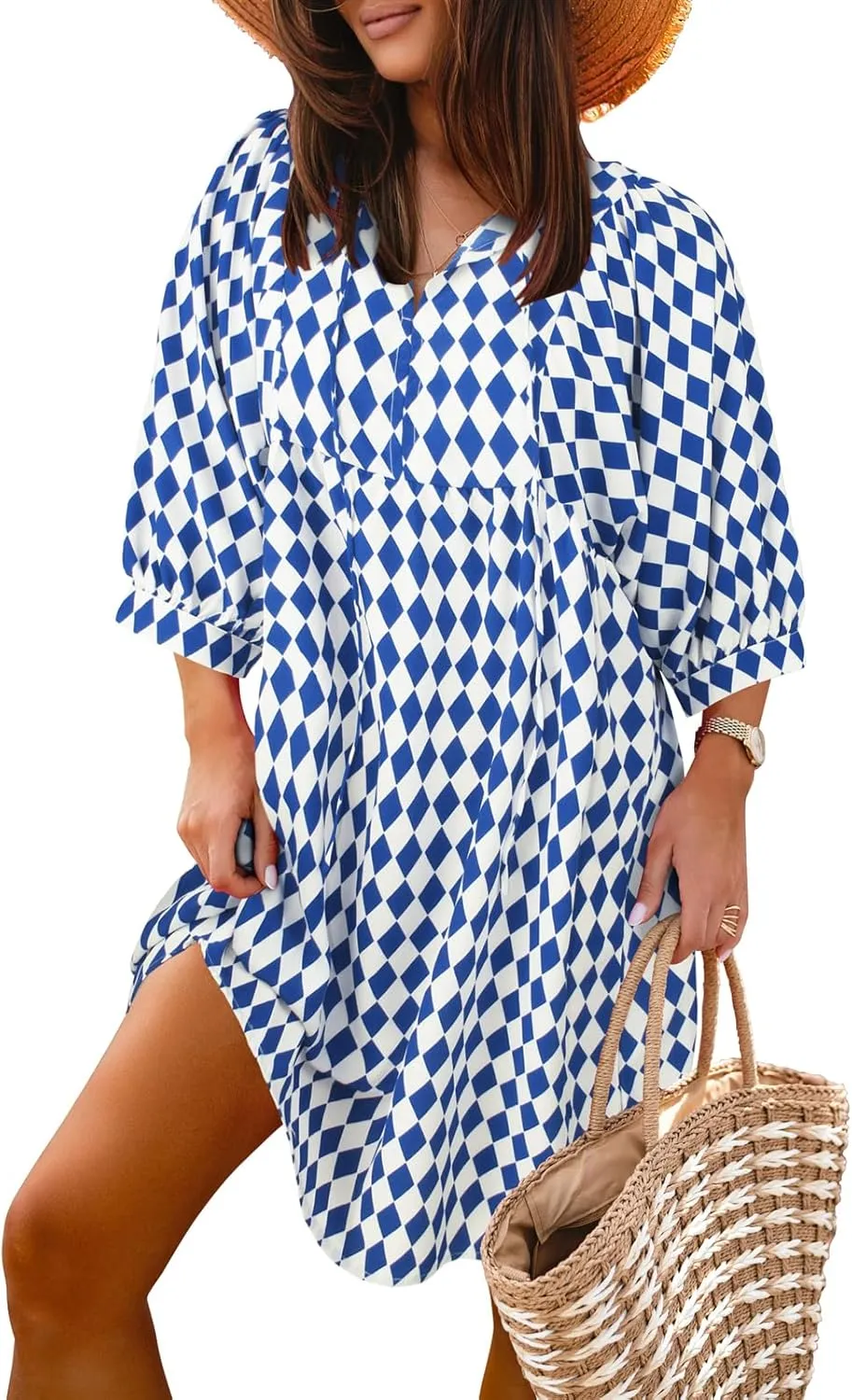 miduo Womens Casual V Neck Summer Half Sleeve Bohemian Floral Mini Tunic Short Dresses