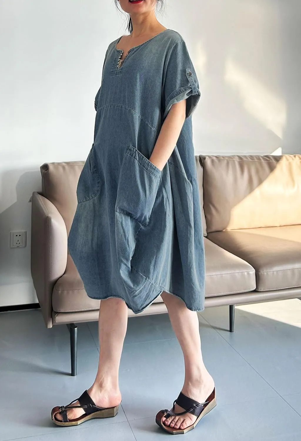 Minibee Women's Ruffle Oversize Casual Midi Dresses with Pockets