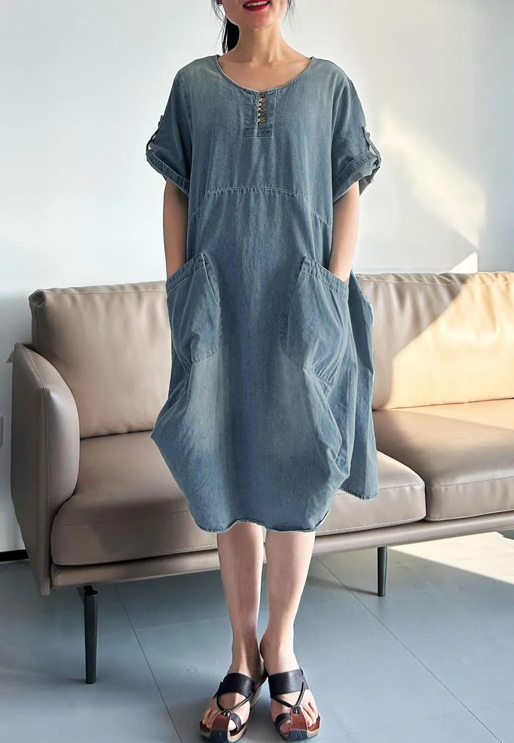 Minibee Women's Ruffle Oversize Casual Midi Dresses with Pockets