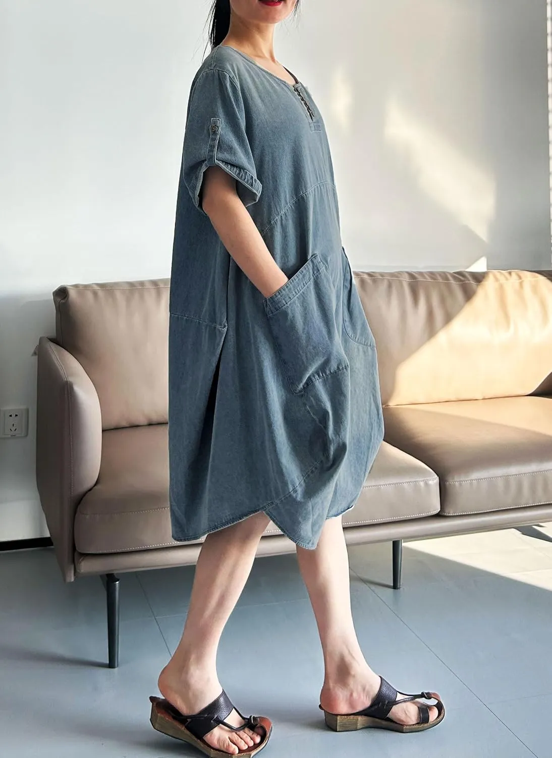 Minibee Women's Ruffle Oversize Casual Midi Dresses with Pockets