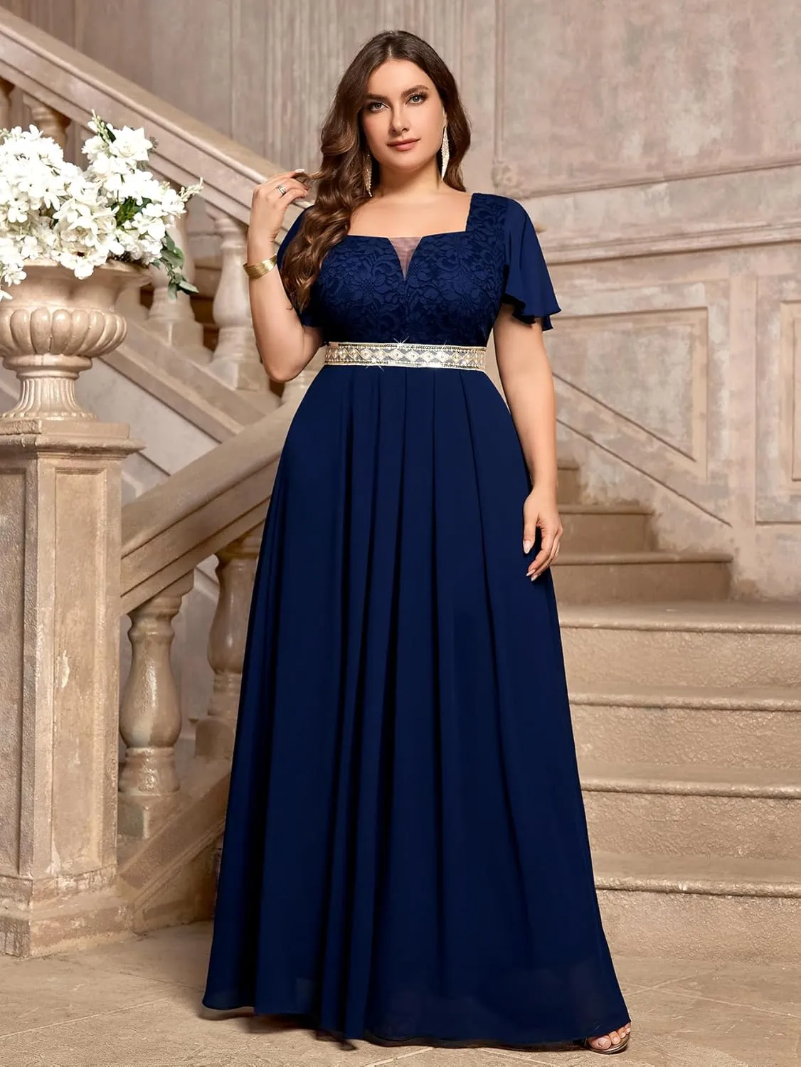 MISSMAY Women's Plus Size Floral Lace Ruffle Sleeves Beads Waist Chiffon Formal Party Maxi Dress