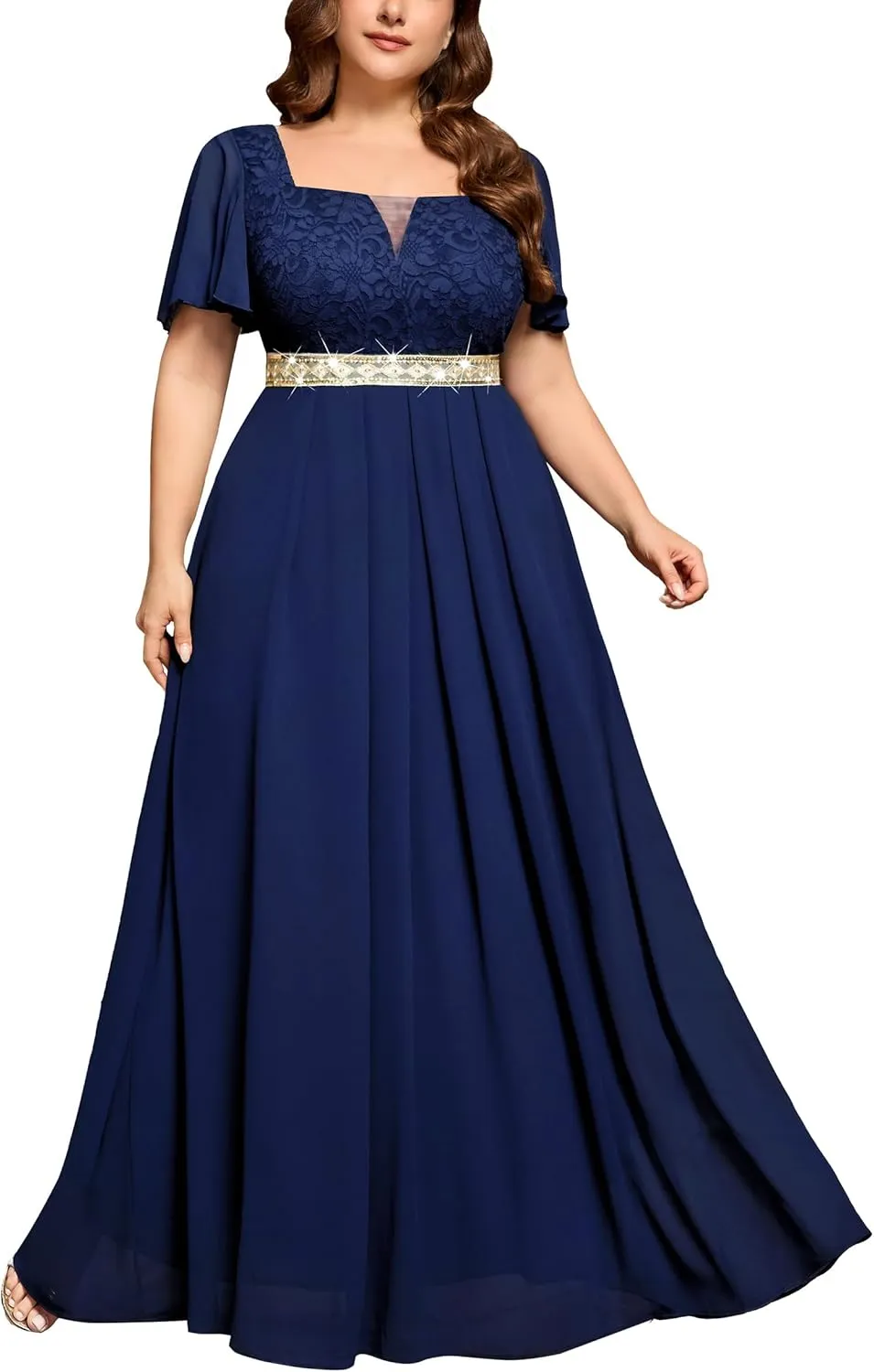 MISSMAY Women's Plus Size Floral Lace Ruffle Sleeves Beads Waist Chiffon Formal Party Maxi Dress