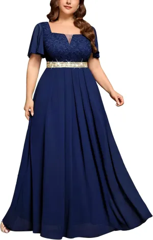 MISSMAY Women's Plus Size Floral Lace Ruffle Sleeves Beads Waist Chiffon Formal Party Maxi Dress