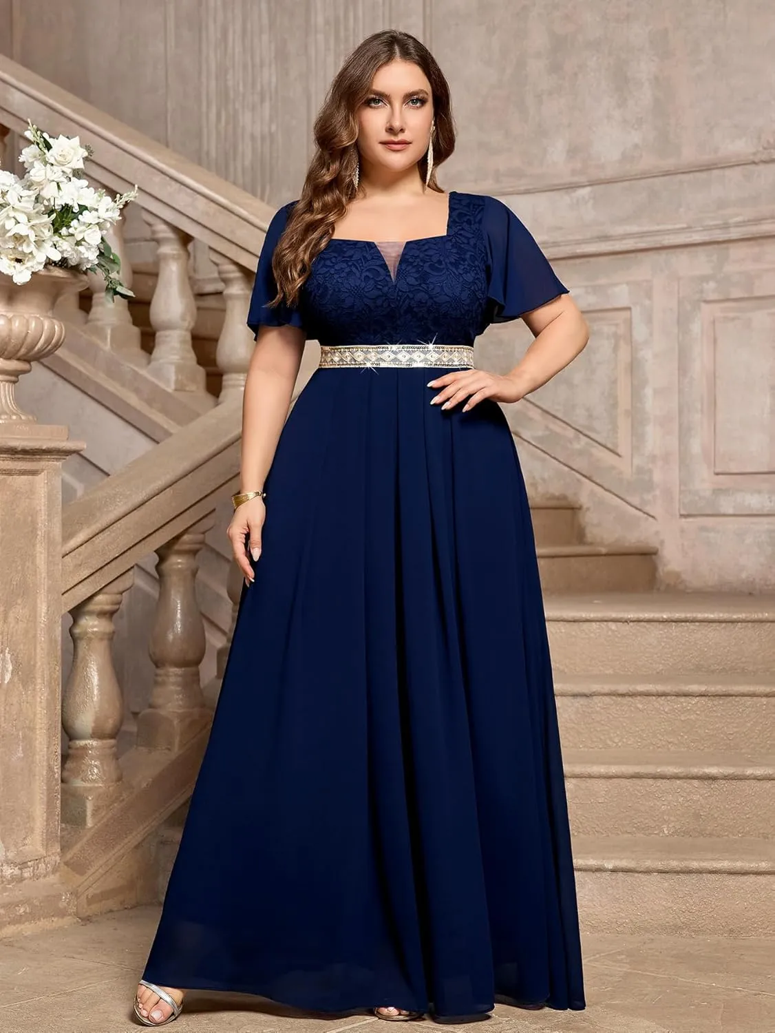 MISSMAY Women's Plus Size Floral Lace Ruffle Sleeves Beads Waist Chiffon Formal Party Maxi Dress