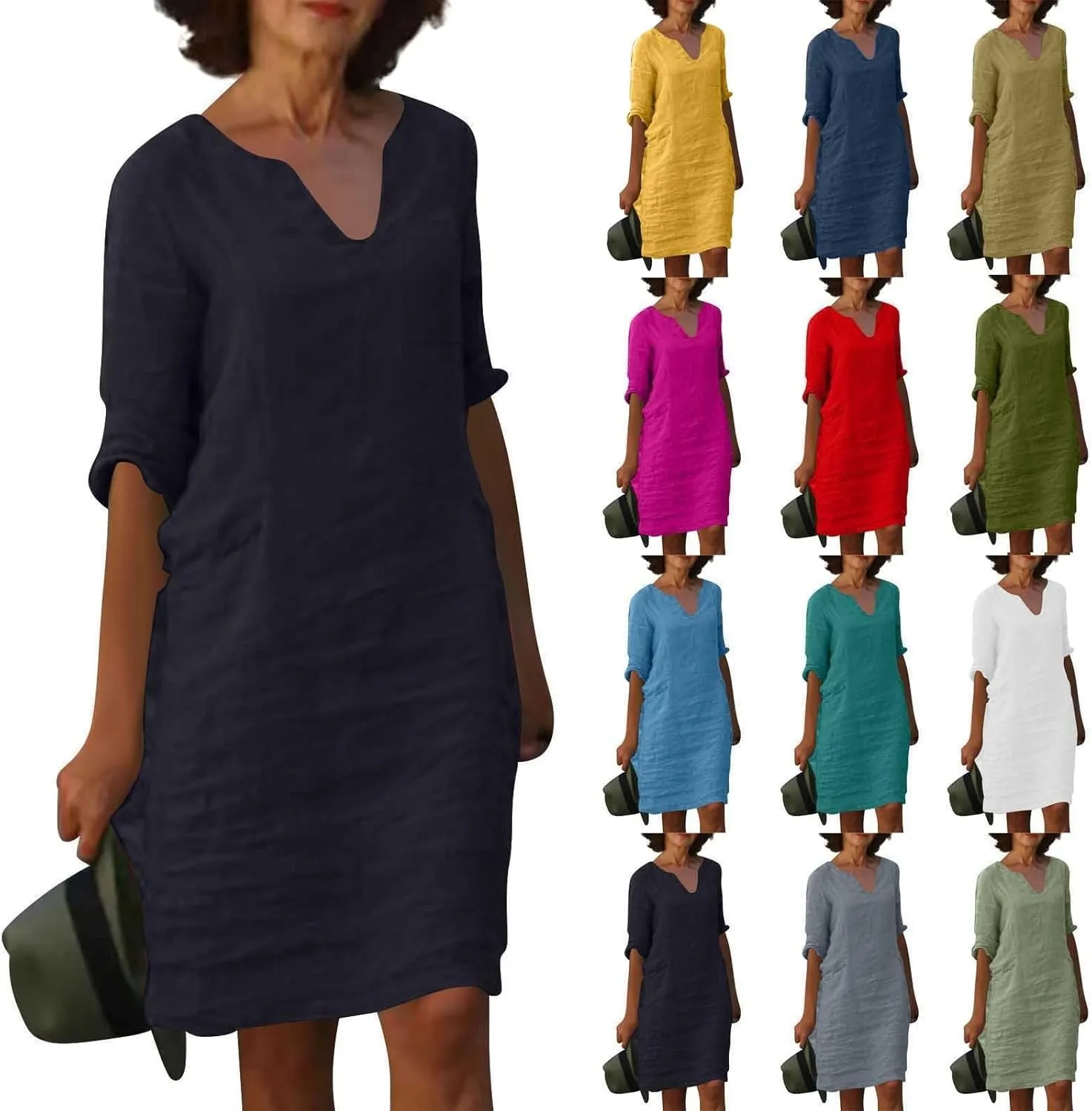 Mother Daughter Matching Dresses V Neck Half Sleeve Cotton Linen Dress Casual Vintage Lightweight Summer Midi Dress