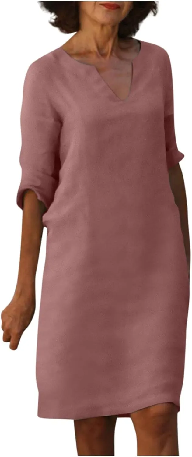 Mother Daughter Matching Dresses V Neck Half Sleeve Cotton Linen Dress Casual Vintage Lightweight Summer Midi Dress