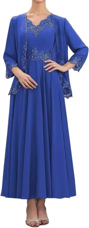 Mother of The Bride Dresses 2 Piece Plus Size Evening Formal Dress Set Lace Wedding Guest Groom Dress with Jacket