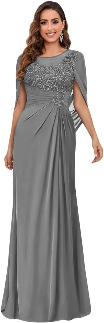Mother of The Bride Dresses for Wedding Scoop Neck Fitted Beautiful Lace Chiffon Formal Dress with Shawl