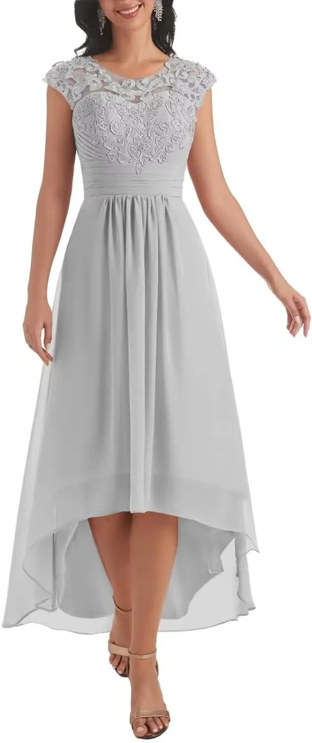 Mother of The Bride Dresses for Women Lace Appliques Short Sleeve Chiffon Formal Evening Gown