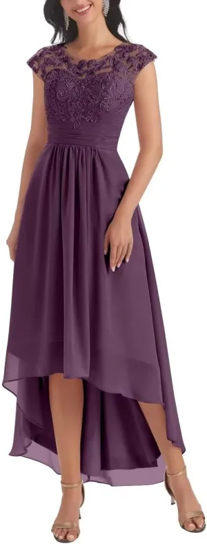Mother of The Bride Dresses for Women Lace Appliques Short Sleeve Chiffon Formal Evening Gown