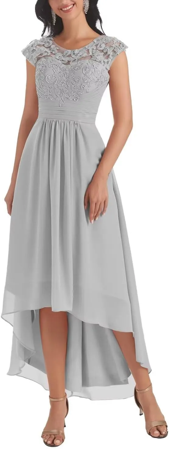 Mother of The Bride Dresses for Women Lace Appliques Short Sleeve Chiffon Formal Evening Gown