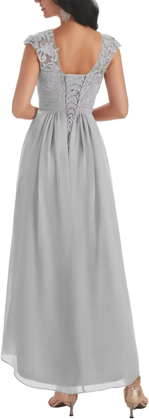 Mother of The Bride Dresses for Women Lace Appliques Short Sleeve Chiffon Formal Evening Gown