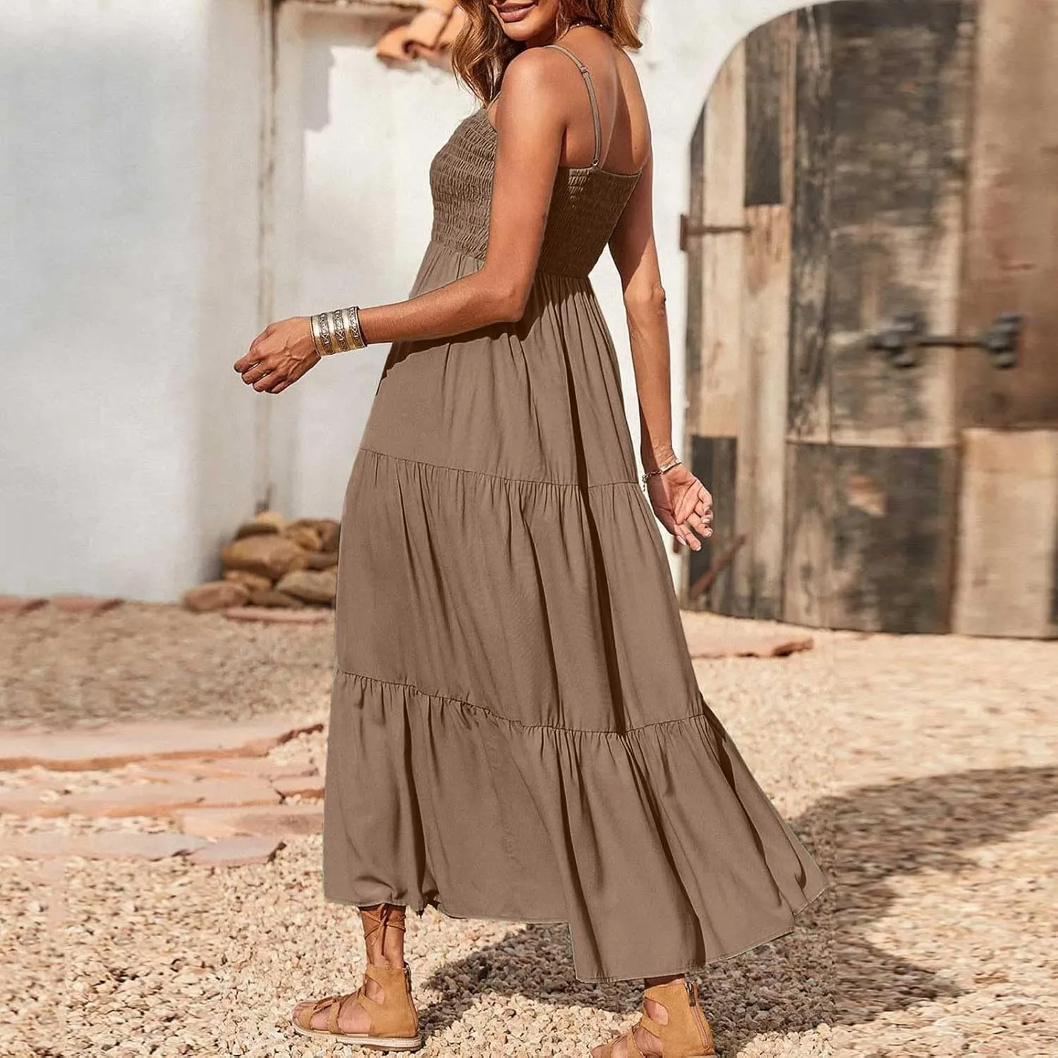 NaRHbrg Women's Boho Smocked Maxi Dress Sleeveless Tiered Flowy Sundress Casual Summer Beach Dress Lightweight Elegant Outfit