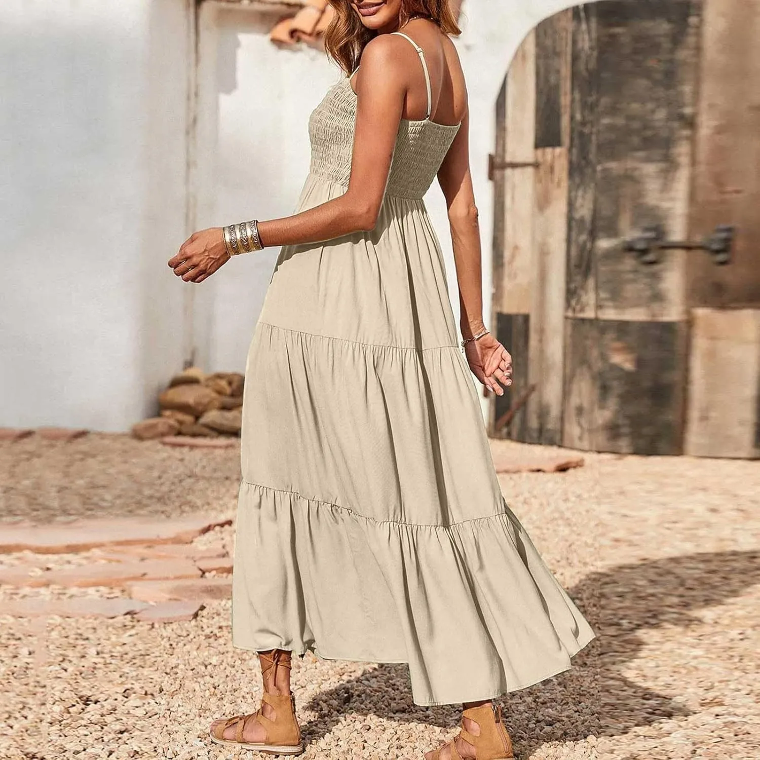 NaRHbrg Women's Boho Smocked Maxi Dress Sleeveless Tiered Flowy Sundress Casual Summer Beach Dress Lightweight Elegant Outfit