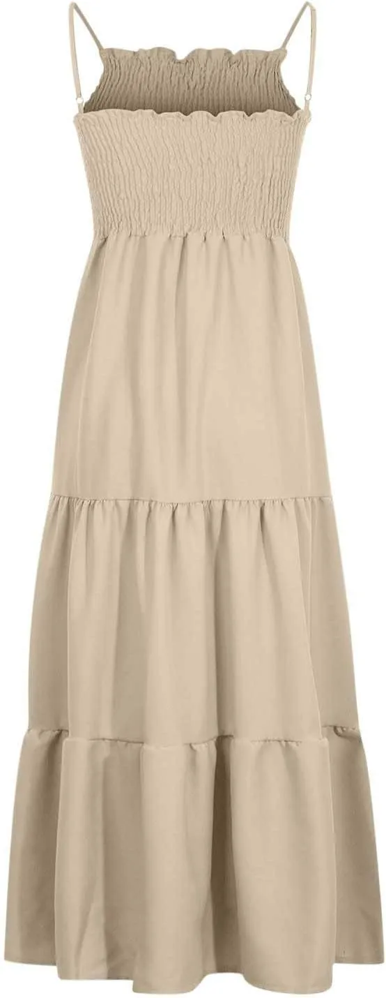 NaRHbrg Women's Boho Smocked Maxi Dress Sleeveless Tiered Flowy Sundress Casual Summer Beach Dress Lightweight Elegant Outfit