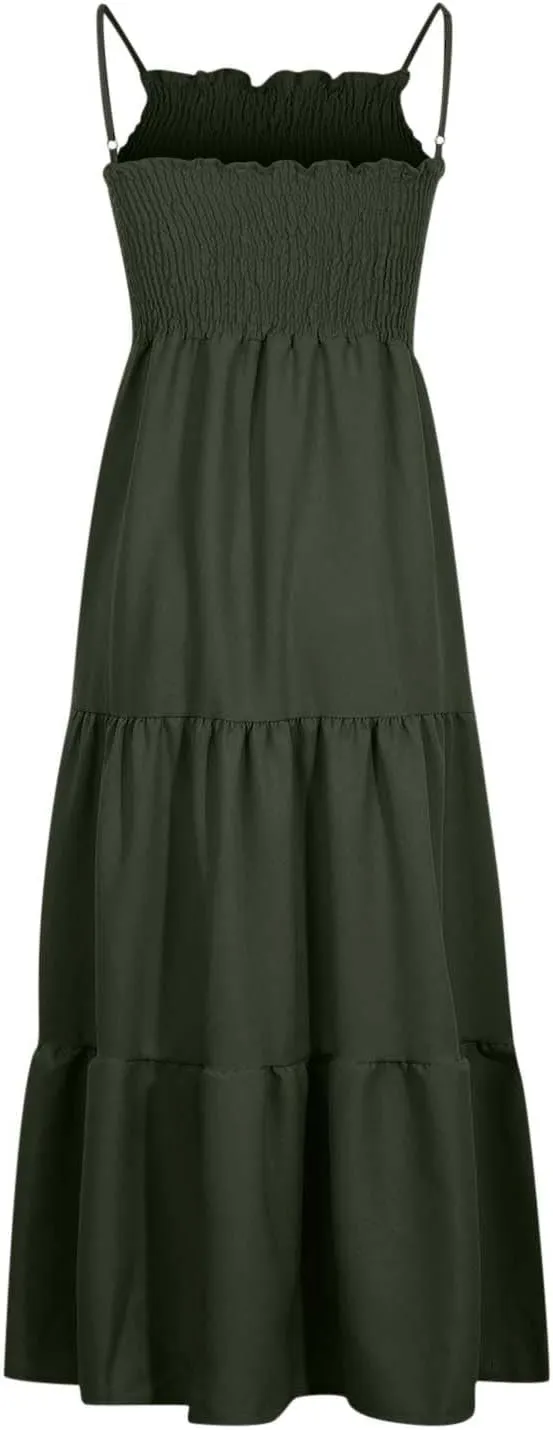 NaRHbrg Women's Boho Smocked Maxi Dress Sleeveless Tiered Flowy Sundress Casual Summer Beach Dress Lightweight Elegant Outfit
