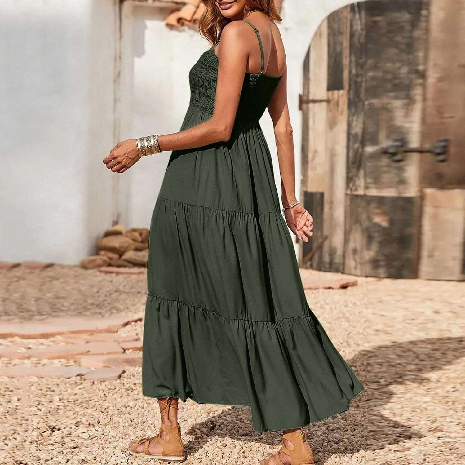 NaRHbrg Women's Boho Smocked Maxi Dress Sleeveless Tiered Flowy Sundress Casual Summer Beach Dress Lightweight Elegant Outfit