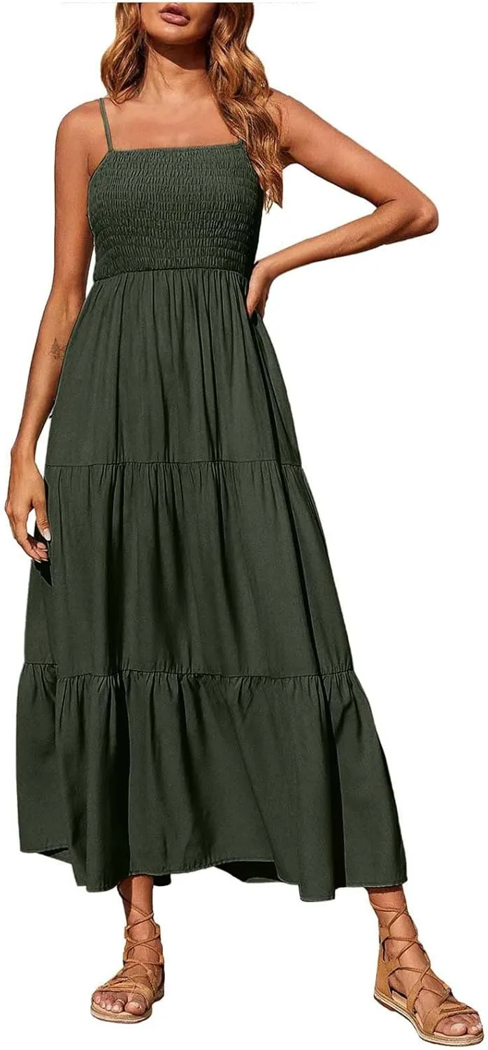 NaRHbrg Women's Boho Smocked Maxi Dress Sleeveless Tiered Flowy Sundress Casual Summer Beach Dress Lightweight Elegant Outfit
