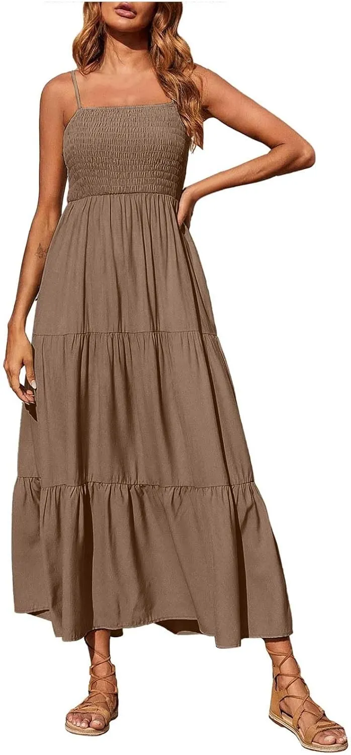 NaRHbrg Women's Boho Smocked Maxi Dress Sleeveless Tiered Flowy Sundress Casual Summer Beach Dress Lightweight Elegant Outfit