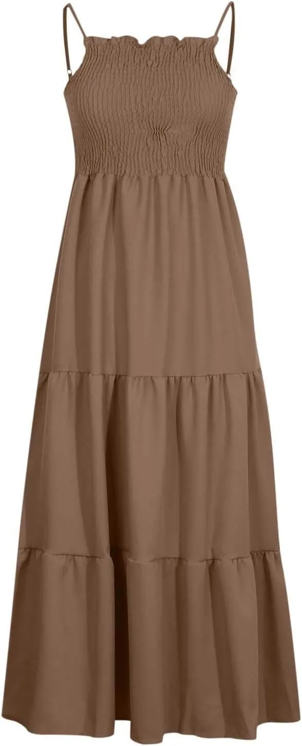 NaRHbrg Women's Boho Smocked Maxi Dress Sleeveless Tiered Flowy Sundress Casual Summer Beach Dress Lightweight Elegant Outfit
