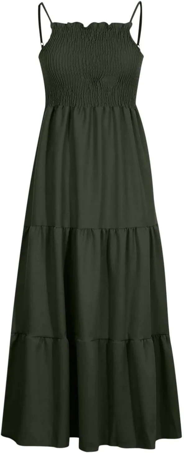 NaRHbrg Women's Boho Smocked Maxi Dress Sleeveless Tiered Flowy Sundress Casual Summer Beach Dress Lightweight Elegant Outfit