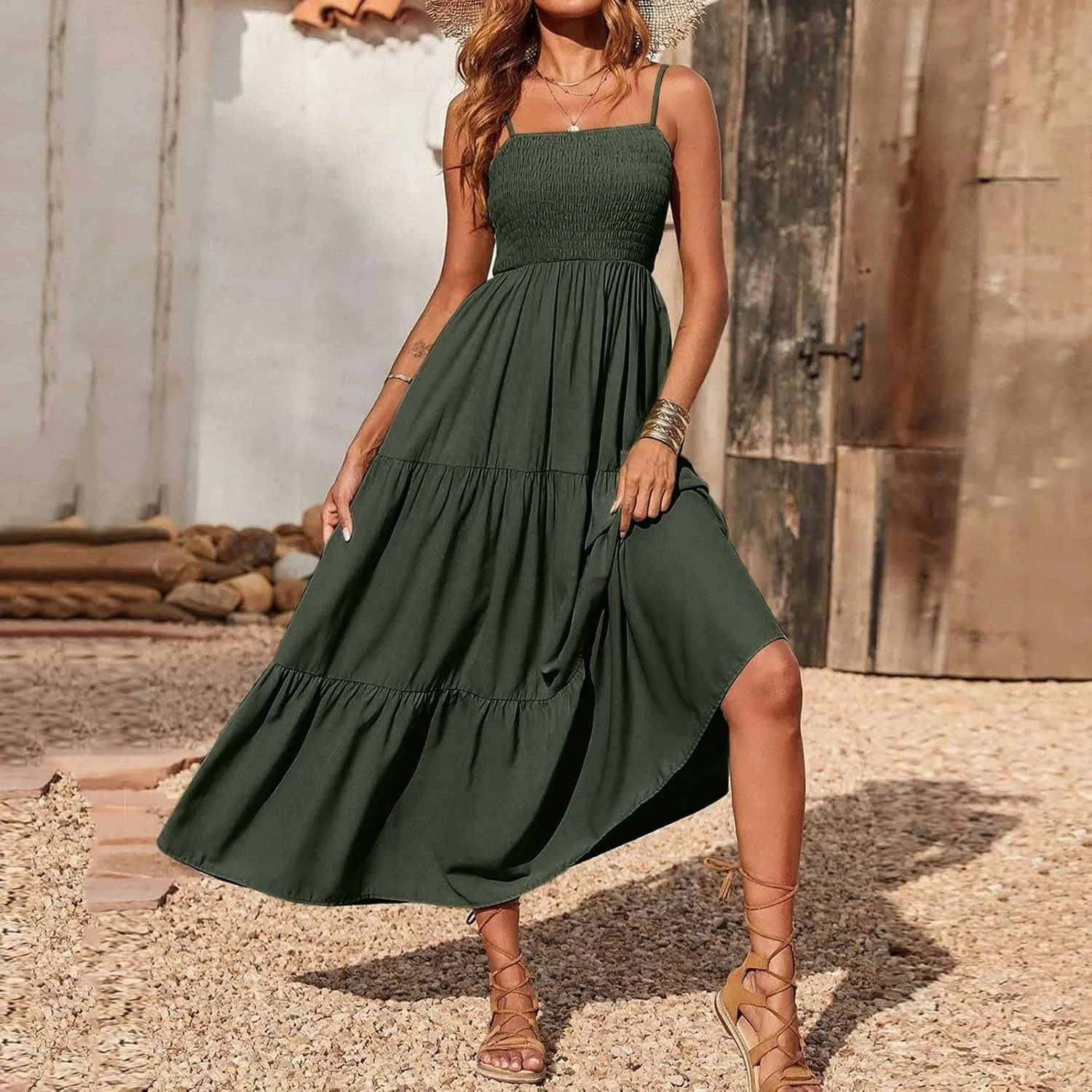 NaRHbrg Women's Boho Smocked Maxi Dress Sleeveless Tiered Flowy Sundress Casual Summer Beach Dress Lightweight Elegant Outfit