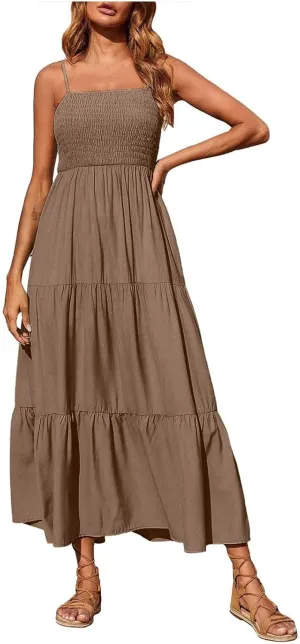 NaRHbrg Women's Boho Smocked Maxi Dress Sleeveless Tiered Flowy Sundress Casual Summer Beach Dress Lightweight Elegant Outfit