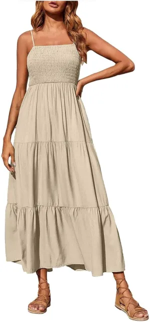 NaRHbrg Women's Boho Smocked Maxi Dress Sleeveless Tiered Flowy Sundress Casual Summer Beach Dress Lightweight Elegant Outfit