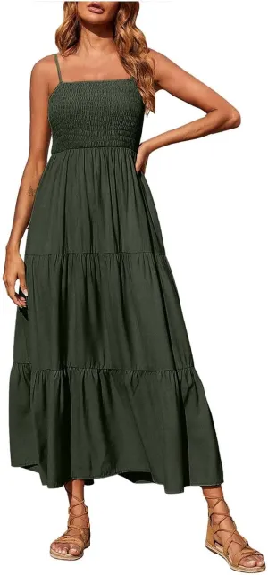NaRHbrg Women's Boho Smocked Maxi Dress Sleeveless Tiered Flowy Sundress Casual Summer Beach Dress Lightweight Elegant Outfit