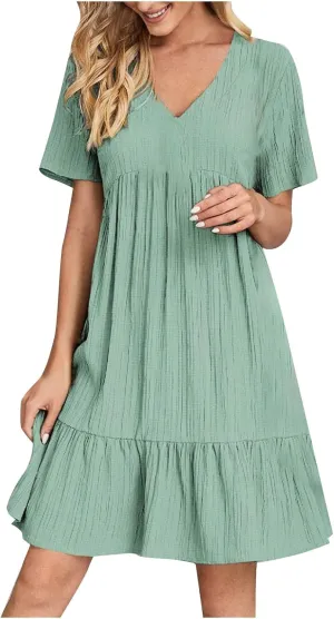 NaRHbrg Women's Casual Short Sleeve Dress V Neck Flowy Babydoll Summer A-Line Tunic Dresses Loose Fit Lightweight Sundress