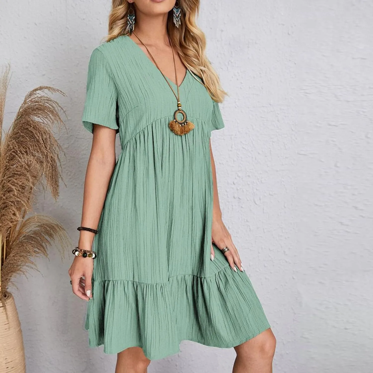 NaRHbrg Women's Casual Short Sleeve Dress V Neck Flowy Babydoll Summer A-Line Tunic Dresses Loose Fit Lightweight Sundress
