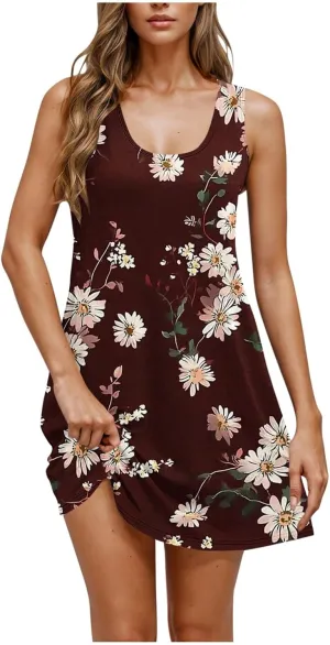 NaRHbrg Women's Floral Print Sleeveless Summer Casual Mini Dress Lightweight Loose Fit Beach Sundress Vacation Outfit