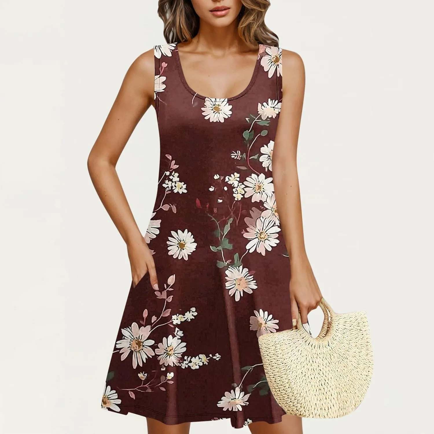 NaRHbrg Women's Floral Print Sleeveless Summer Casual Mini Dress Lightweight Loose Fit Beach Sundress Vacation Outfit