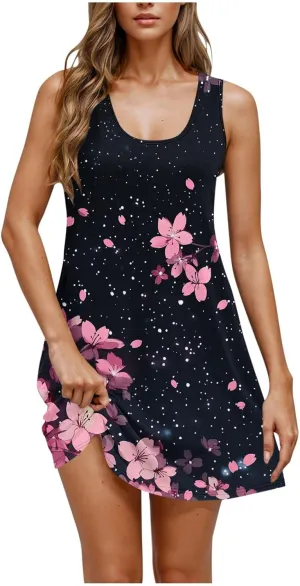 NaRHbrg Women's Floral Print Sleeveless Summer Casual Mini Dress Lightweight Loose Fit Beach Sundress Vacation Outfit
