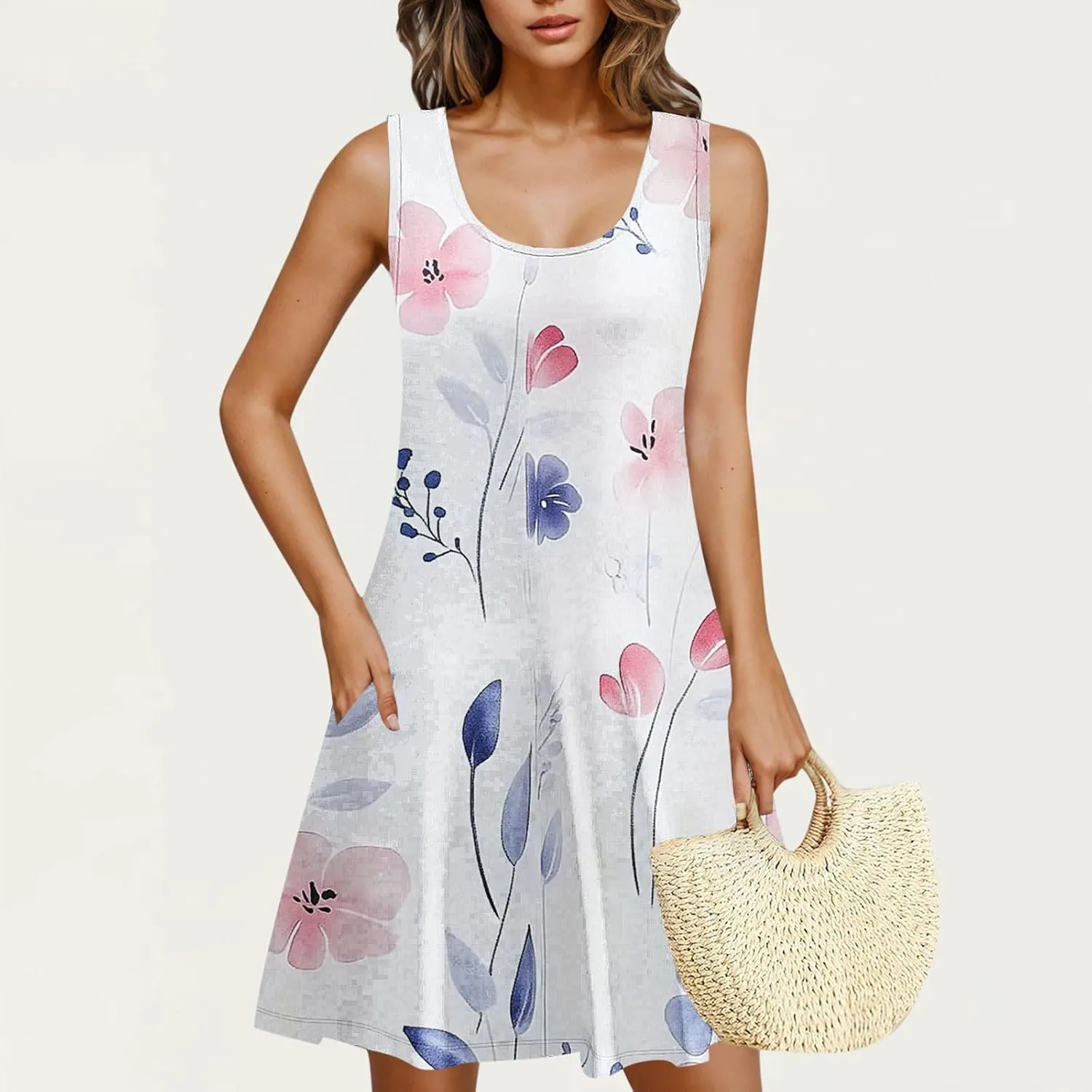 NaRHbrg Women's Floral Print Sleeveless Summer Casual Mini Dress Lightweight Loose Fit Beach Sundress Vacation Outfit