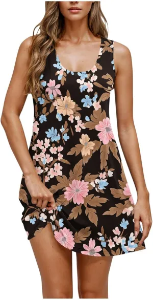 NaRHbrg Women's Floral Print Sleeveless Summer Casual Mini Dress Lightweight Loose Fit Beach Sundress Vacation Outfit