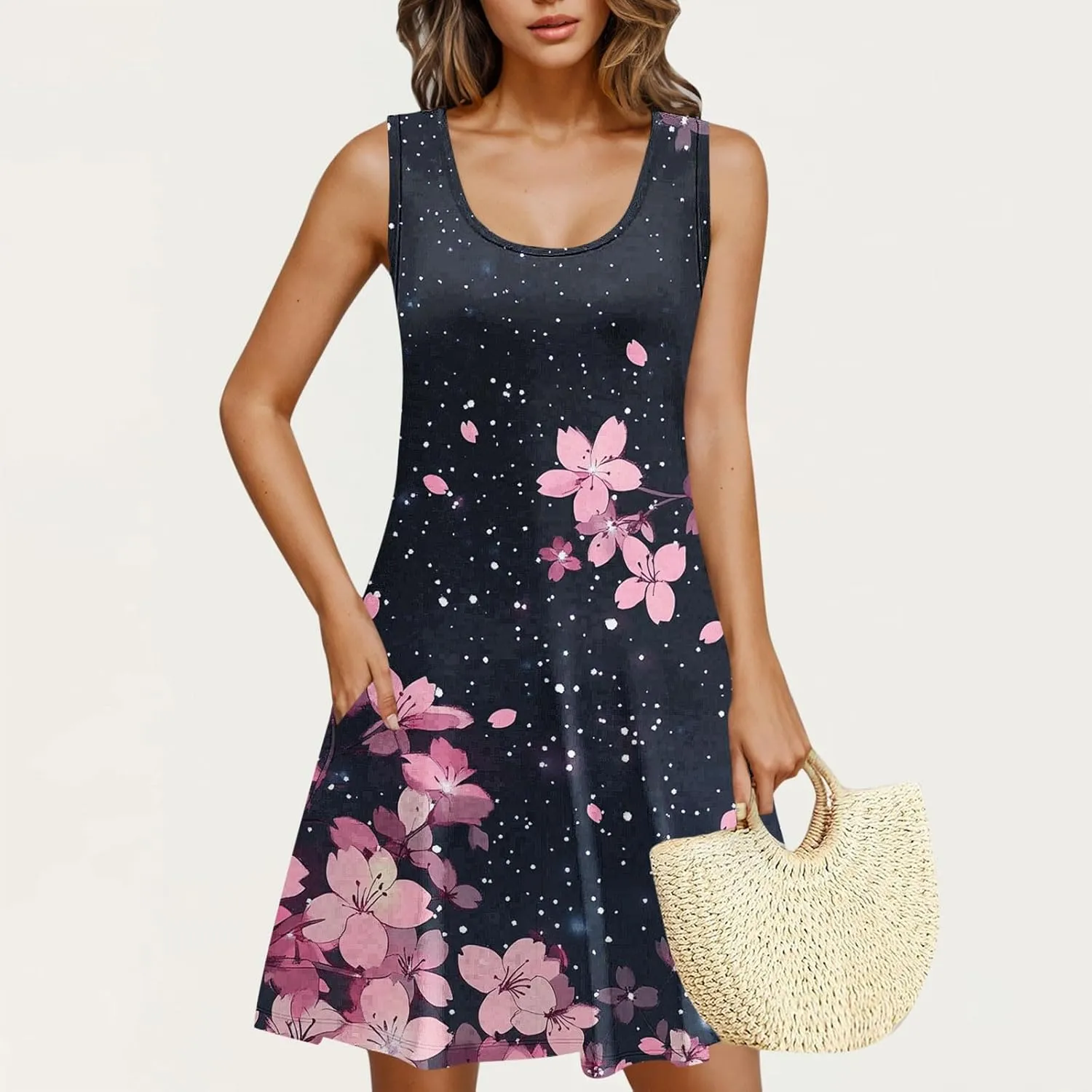 NaRHbrg Women's Floral Print Sleeveless Summer Casual Mini Dress Lightweight Loose Fit Beach Sundress Vacation Outfit