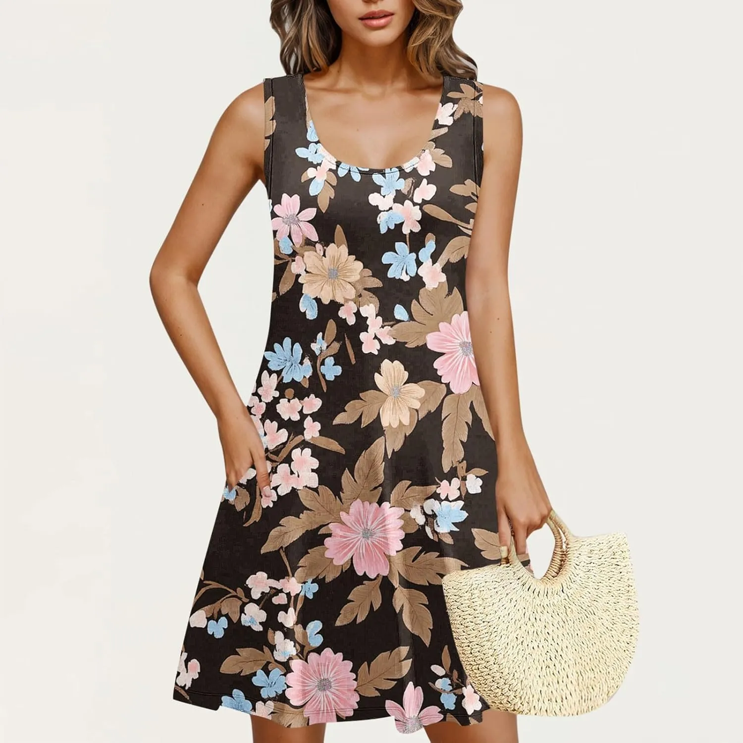 NaRHbrg Women's Floral Print Sleeveless Summer Casual Mini Dress Lightweight Loose Fit Beach Sundress Vacation Outfit
