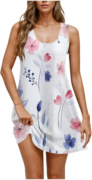 NaRHbrg Women's Floral Print Sleeveless Summer Casual Mini Dress Lightweight Loose Fit Beach Sundress Vacation Outfit