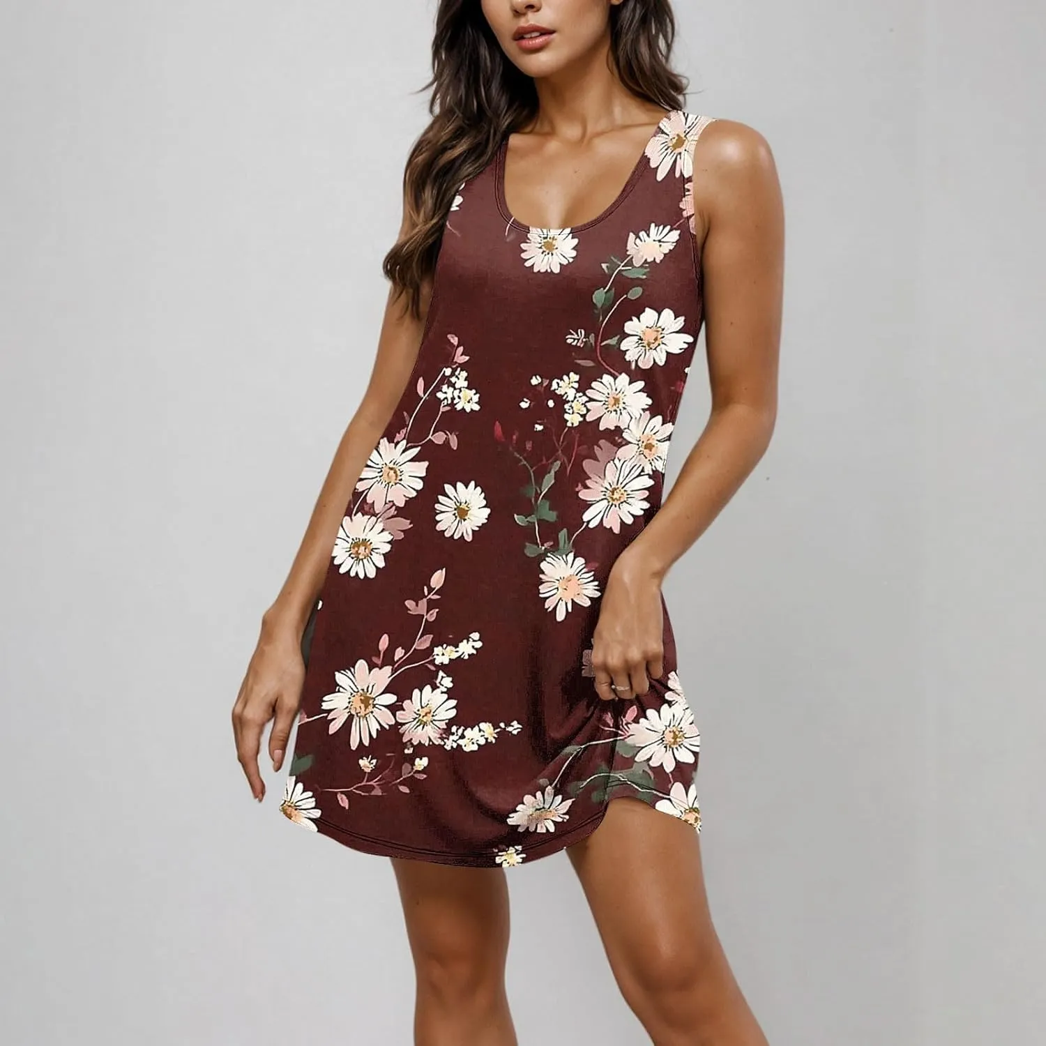 NaRHbrg Women's Floral Print Sleeveless Summer Casual Mini Dress Lightweight Loose Fit Beach Sundress Vacation Outfit