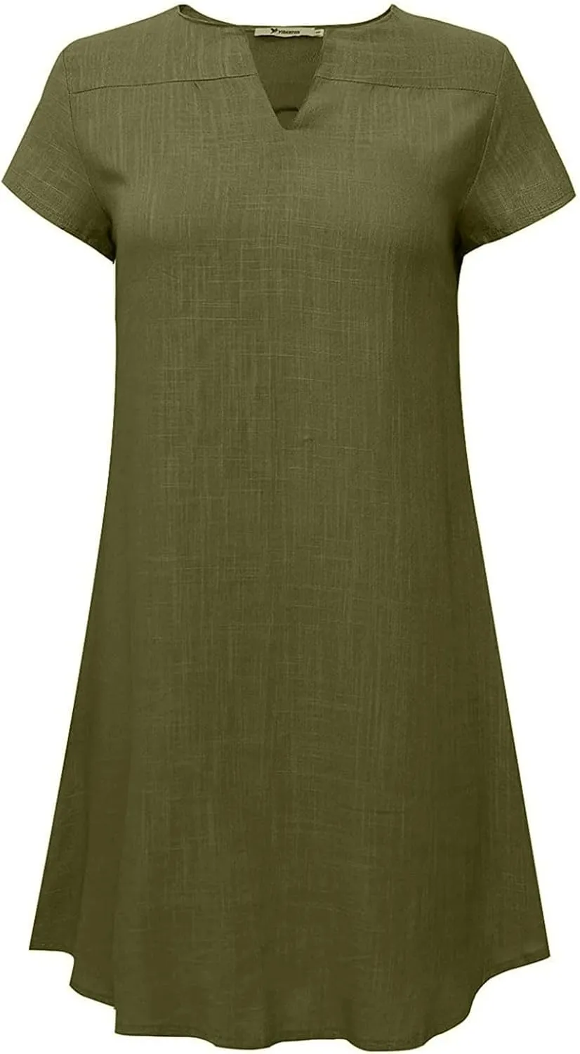 NaRHbrg Women's Linen T Shirt Dress Short Sleeve Casual Loose Fit Summer Dresses with Pockets Lightweight Beach Sundress